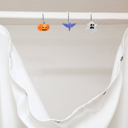 12 Pcs Halloween Shower Curtain Hooks, Bat, Pumpkin & Ghost Theme Decorative Bath Rings, Spooky Bathroom Accessories