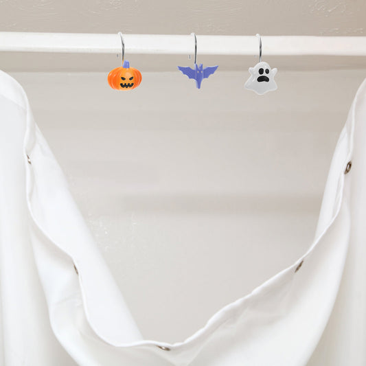 12 Pcs Halloween Shower Curtain Hooks, Bat, Pumpkin & Ghost Theme Decorative Bath Rings, Spooky Bathroom Accessories