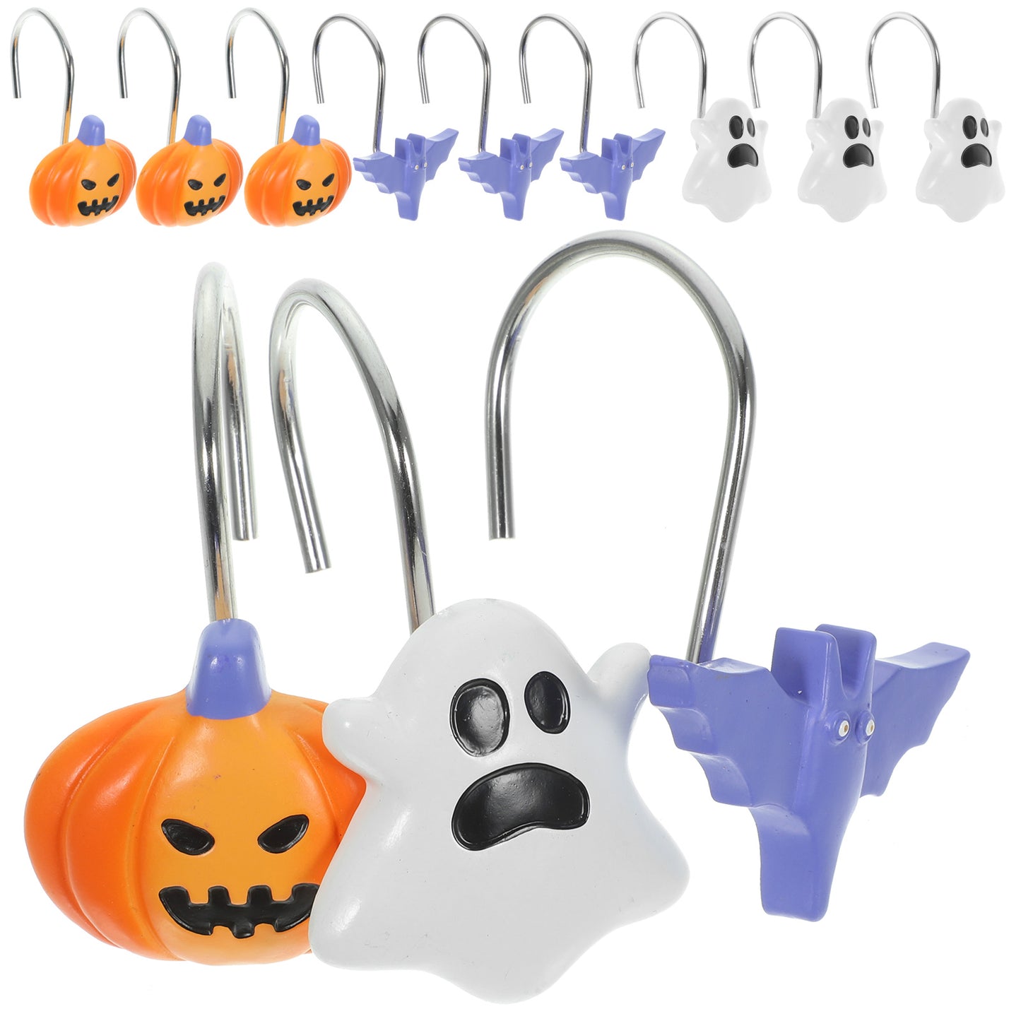 12 Pcs Halloween Shower Curtain Hooks, Bat, Pumpkin & Ghost Theme Decorative Bath Rings, Spooky Bathroom Accessories