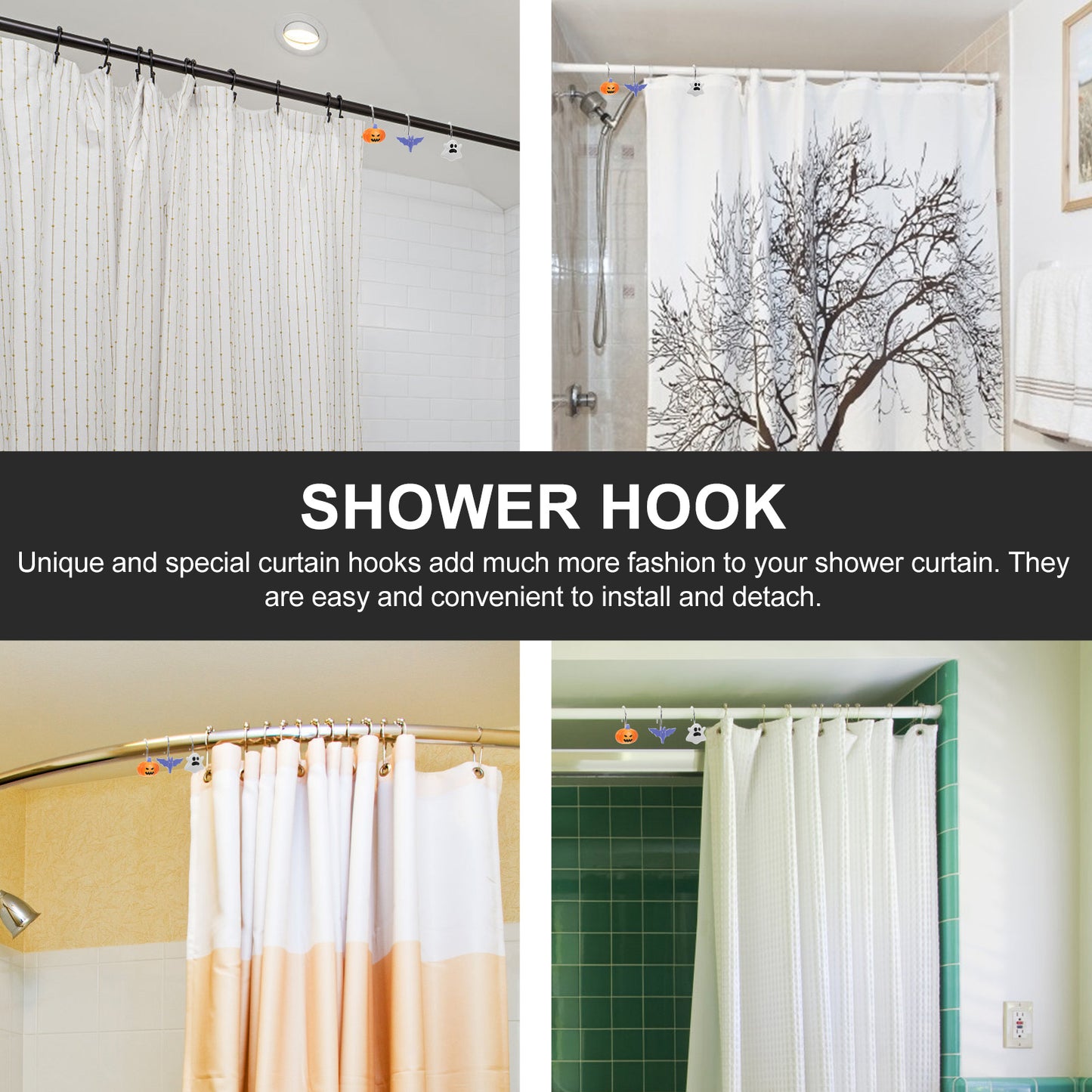 12 Pcs Halloween Shower Curtain Hooks, Bat, Pumpkin & Ghost Theme Decorative Bath Rings, Spooky Bathroom Accessories