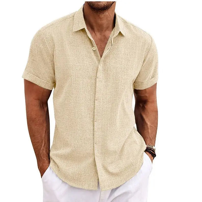 Premium Cotton Linen Mens Cardigan Shirt, Double Placket Short Sleeves Lapel Shirt for Summer, Home Cross-Border Style