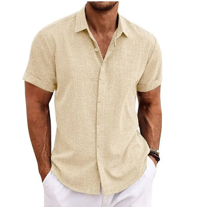 Premium Cotton Linen Mens Cardigan Shirt, Double Placket Short Sleeves Lapel Shirt for Summer, Home Cross-Border Style