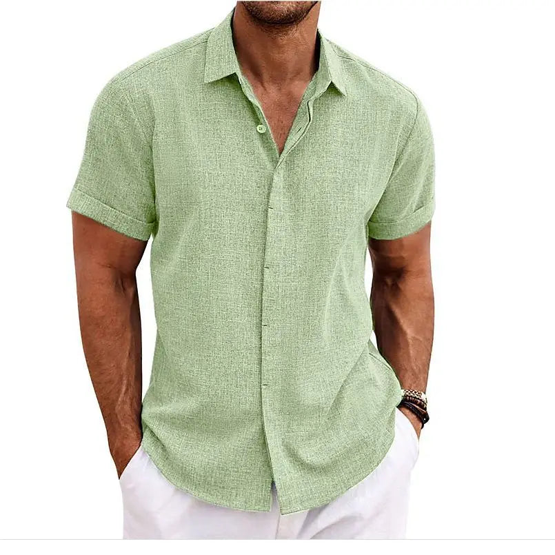 Premium Cotton Linen Mens Cardigan Shirt, Double Placket Short Sleeves Lapel Shirt for Summer, Home Cross-Border Style