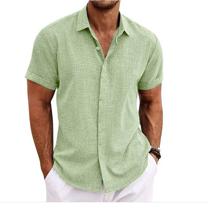 Premium Cotton Linen Mens Cardigan Shirt, Double Placket Short Sleeves Lapel Shirt for Summer, Home Cross-Border Style