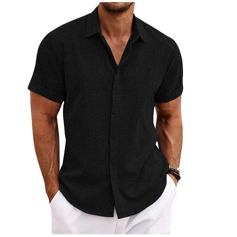 Premium Cotton Linen Mens Cardigan Shirt, Double Placket Short Sleeves Lapel Shirt for Summer, Home Cross-Border Style