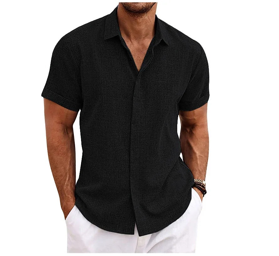 Premium Cotton Linen Mens Cardigan Shirt, Double Placket Short Sleeves Lapel Shirt for Summer, Home Cross-Border Style