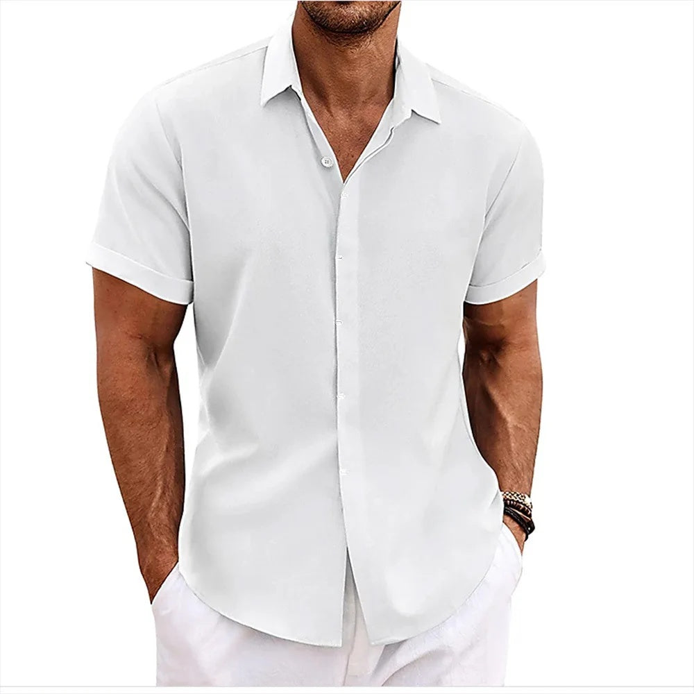 Premium Cotton Linen Mens Cardigan Shirt, Double Placket Short Sleeves Lapel Shirt for Summer, Home Cross-Border Style