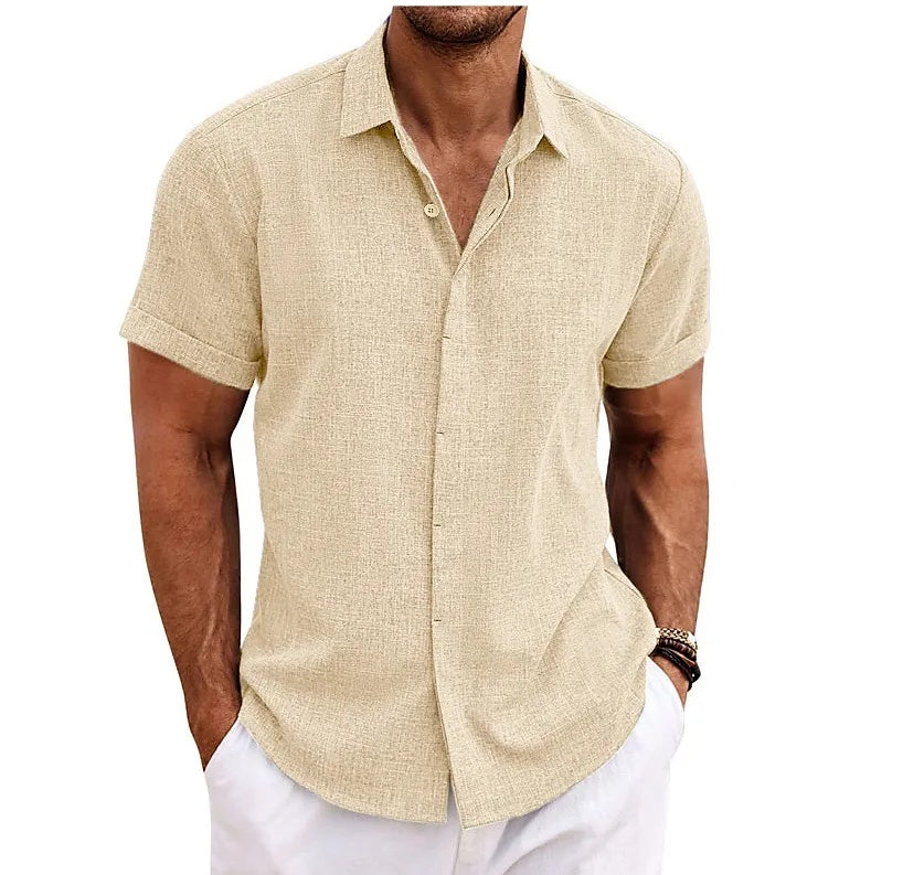 Premium Cotton Linen Mens Cardigan Shirt, Double Placket Short Sleeves Lapel Shirt for Summer, Home Cross-Border Style