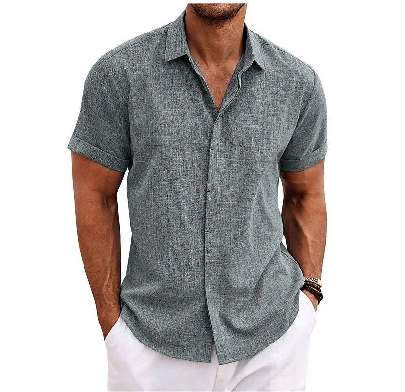 Premium Cotton Linen Mens Cardigan Shirt, Double Placket Short Sleeves Lapel Shirt for Summer, Home Cross-Border Style