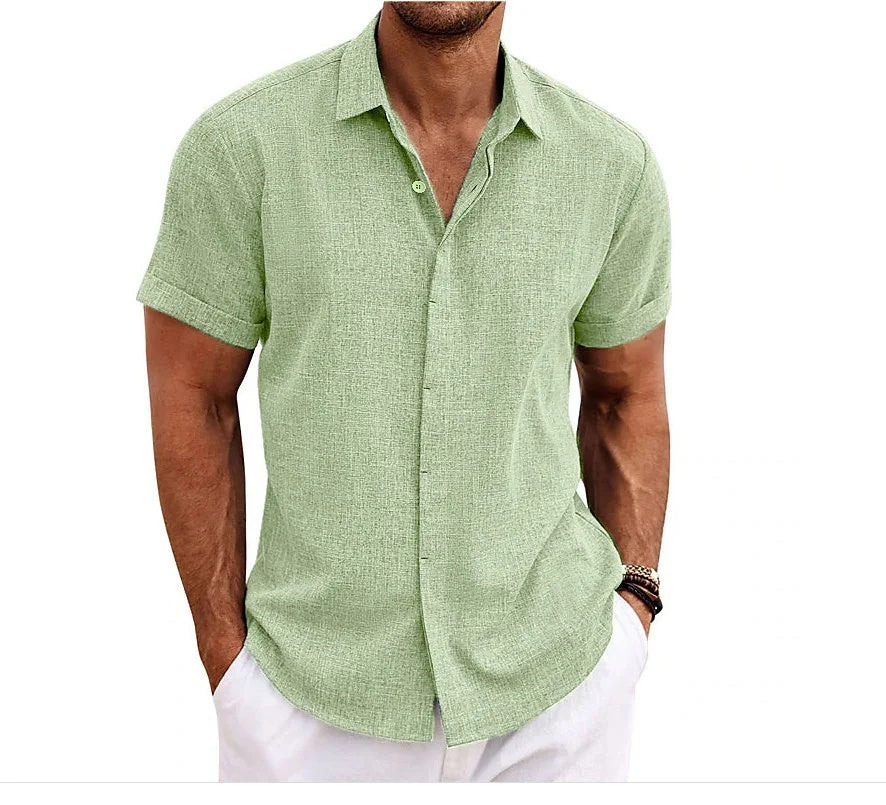 Premium Cotton Linen Mens Cardigan Shirt, Double Placket Short Sleeves Lapel Shirt for Summer, Home Cross-Border Style
