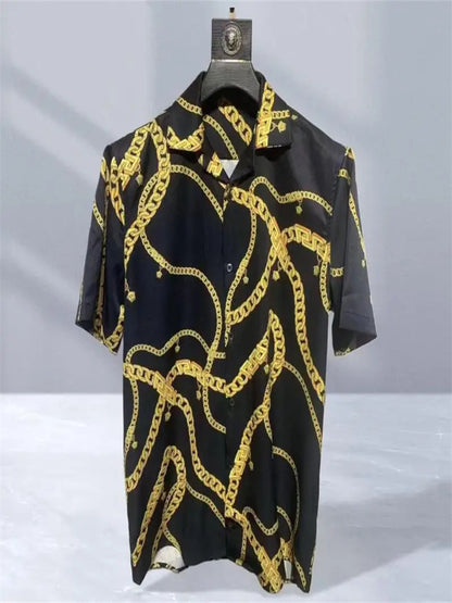 Men high-quality short sleeved shirt with luxurious golden Baroque string print, Cuban collar shirt, suitable for street