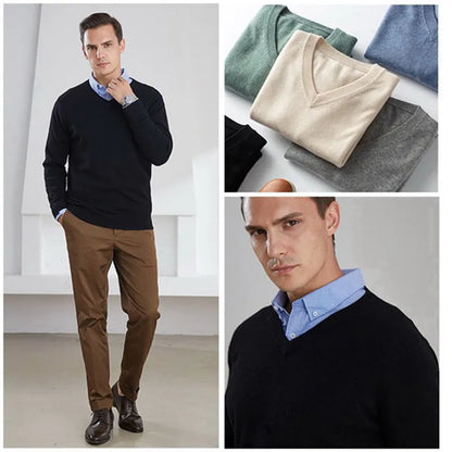 Mens Soft Cashmere Sweater, Autumn Winter Pullover Slim Fit V-Neck Knitted Woolen Knitwear for Business Casual Wear