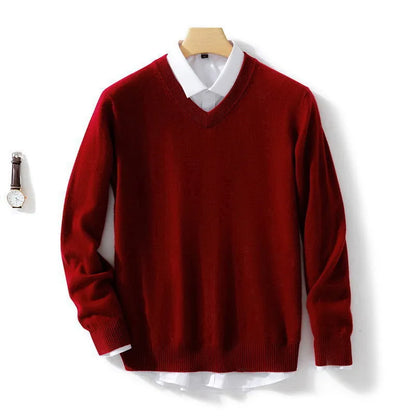 Mens Soft Cashmere Sweater, Autumn Winter Pullover Slim Fit V-Neck Knitted Woolen Knitwear for Business Casual Wear