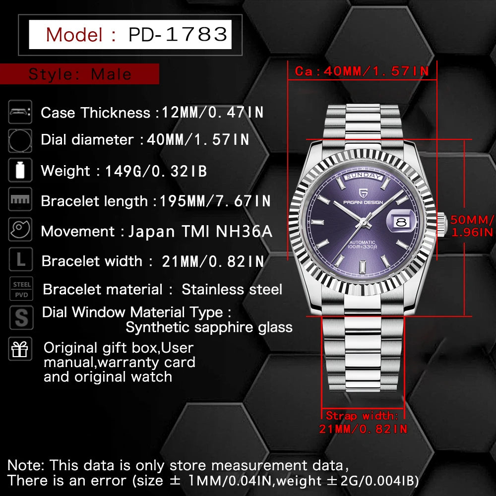 Top Luxury PAGANI DESIGN DD40 Men's Watches, Automatic Mechanical, Sapphire Mirror Men's Wrist Watch
