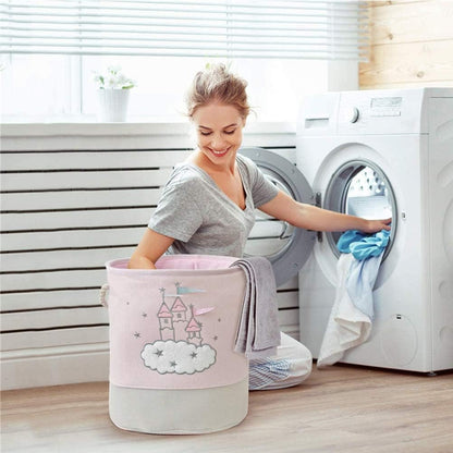 Large Pink Laundry Basket for Kids, Foldable Fabric Toy Storage with Handles, Cute Cartoon Castle Design, Nursery Hamper
