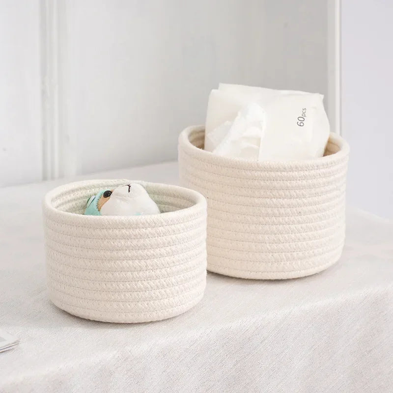 Handmade Woven Cotton Rope Storage Basket, Desktop Organizer for Sundries, Cosmetics, Snacks, Toys & Keys