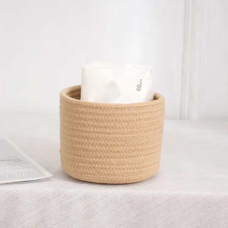 Handmade Woven Cotton Rope Storage Basket, Desktop Organizer for Sundries, Cosmetics, Snacks, Toys & Keys