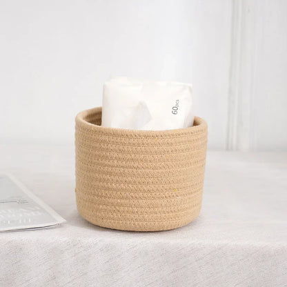 Handmade Woven Cotton Rope Storage Basket, Desktop Organizer for Sundries, Cosmetics, Snacks, Toys & Keys