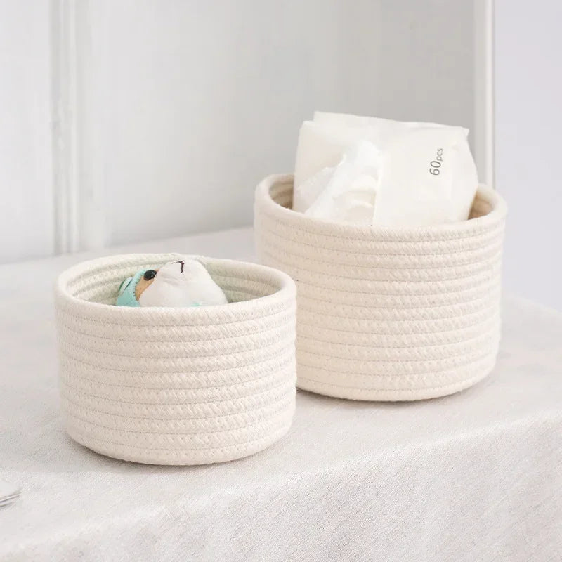 Handmade Woven Cotton Rope Storage Basket, Desktop Organizer for Sundries, Cosmetics, Snacks, Toys & Keys