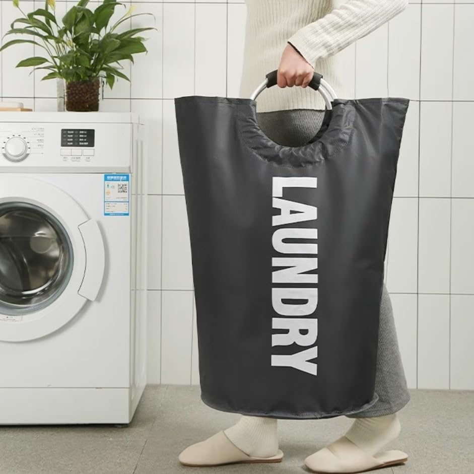 Large Waterproof Laundry Basket Foldable, Contemporary Round Polyester Blend Hamper with Aluminum Handles for Bathroom