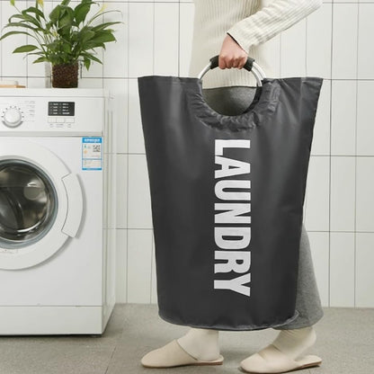 Large Waterproof Laundry Basket Foldable, Contemporary Round Polyester Blend Hamper with Aluminum Handles for Bathroom