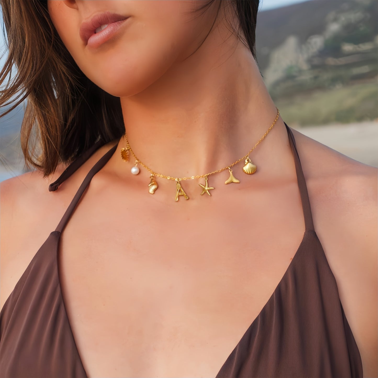 MHS.SUN Starfish Shell Initial Necklace, Waterproof 18K Gold Plated Stainless Steel Surfer Girl Charm Necklace Perfect