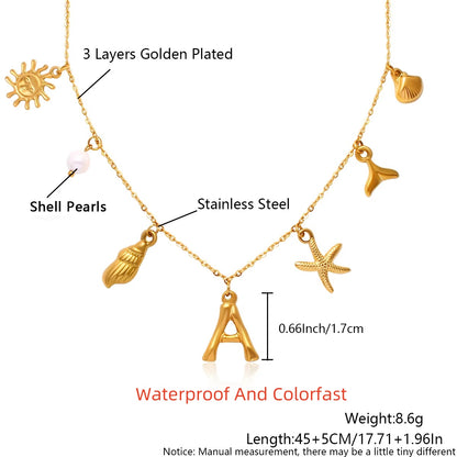 MHS.SUN Starfish Shell Initial Necklace, Waterproof 18K Gold Plated Stainless Steel Surfer Girl Charm Necklace Perfect