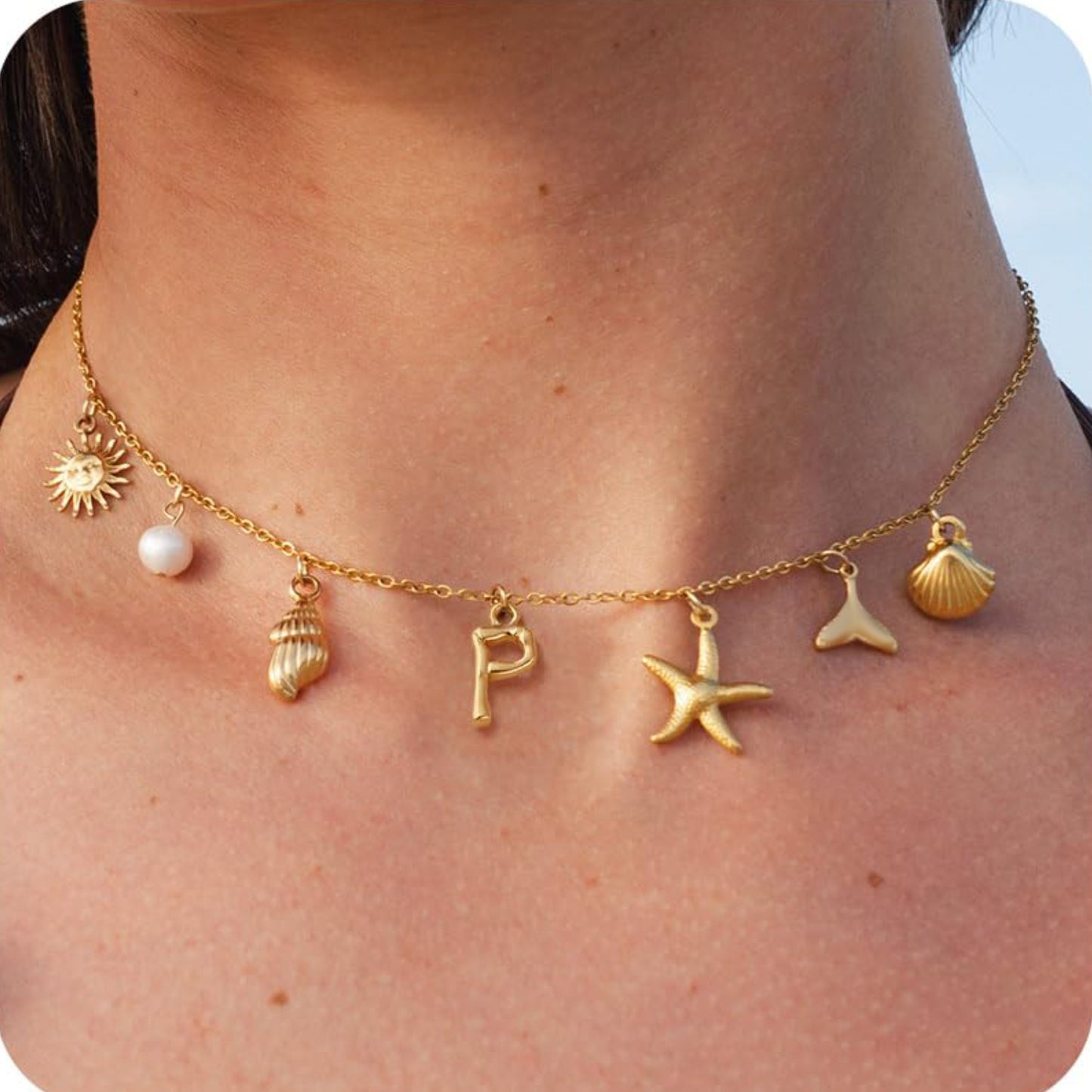 MHS.SUN Starfish Shell Initial Necklace, Waterproof 18K Gold Plated Stainless Steel Surfer Girl Charm Necklace Perfect