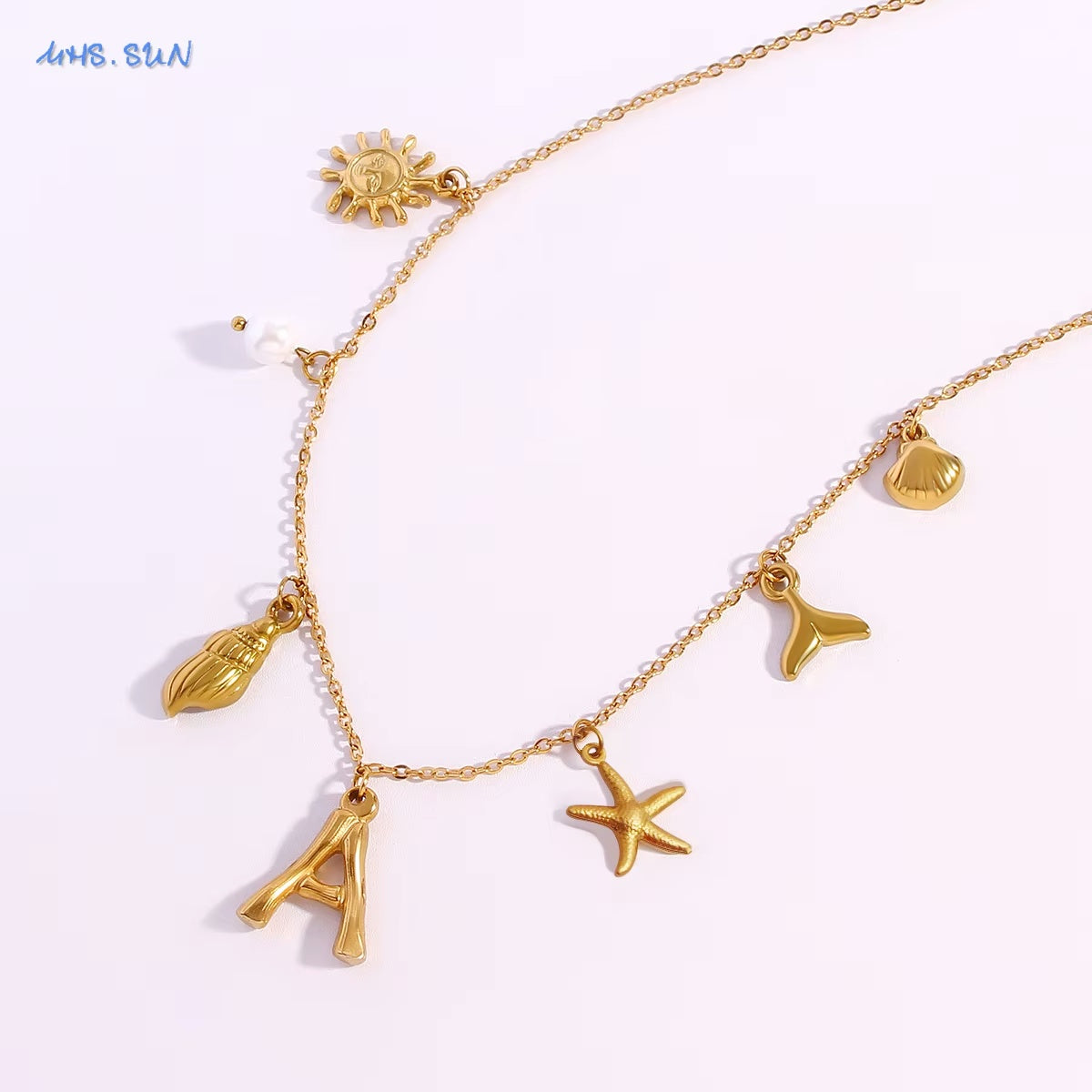 MHS.SUN Starfish Shell Initial Necklace, Waterproof 18K Gold Plated Stainless Steel Surfer Girl Charm Necklace Perfect