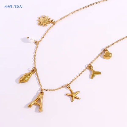 MHS.SUN Starfish Shell Initial Necklace, Waterproof 18K Gold Plated Stainless Steel Surfer Girl Charm Necklace Perfect