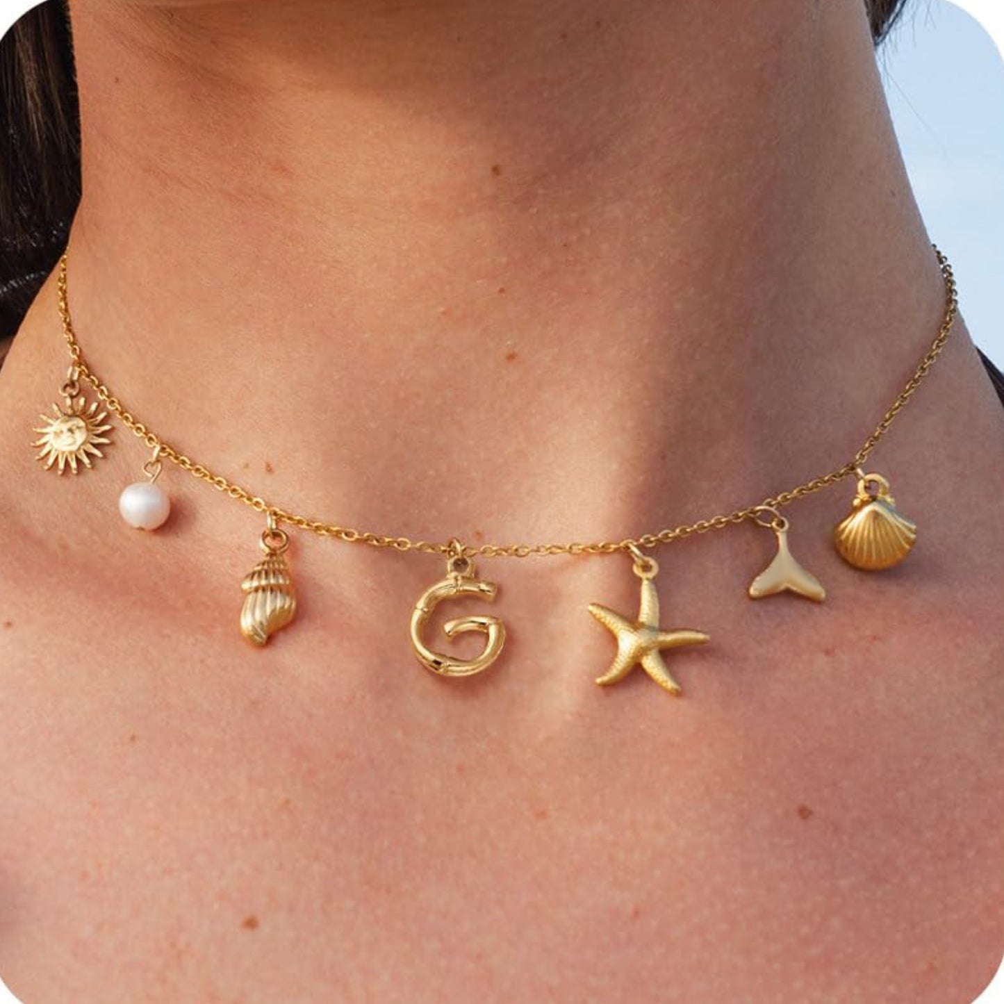 MHS.SUN Starfish Shell Initial Necklace, Waterproof 18K Gold Plated Stainless Steel Surfer Girl Charm Necklace Perfect