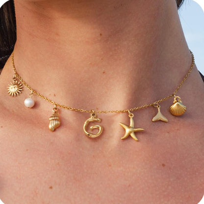 MHS.SUN Starfish Shell Initial Necklace, Waterproof 18K Gold Plated Stainless Steel Surfer Girl Charm Necklace Perfect
