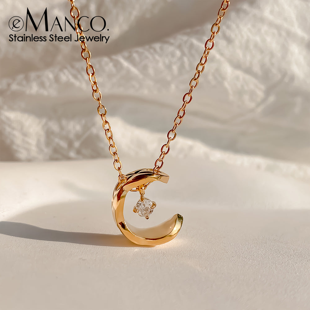 Valentines Day Jewelry Gift, eManco Romantic Metallic Moon Pendant Necklace with Rhinestones for Women