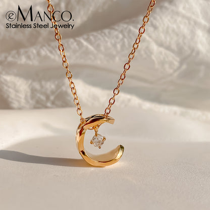 Valentines Day Jewelry Gift, eManco Romantic Metallic Moon Pendant Necklace with Rhinestones for Women
