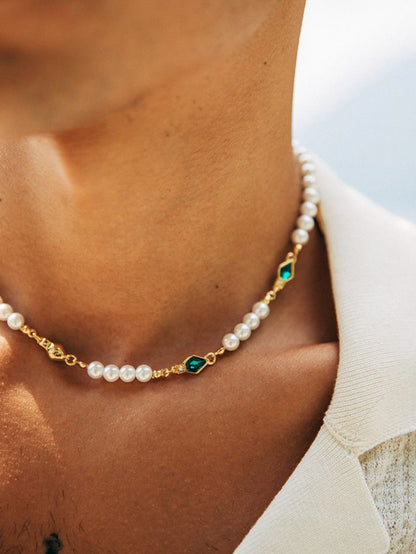 Vintage Charm Green Zircon Inlaid Imitation Pearl Necklace, Mens Casual Jewelry for Stylish Elegance