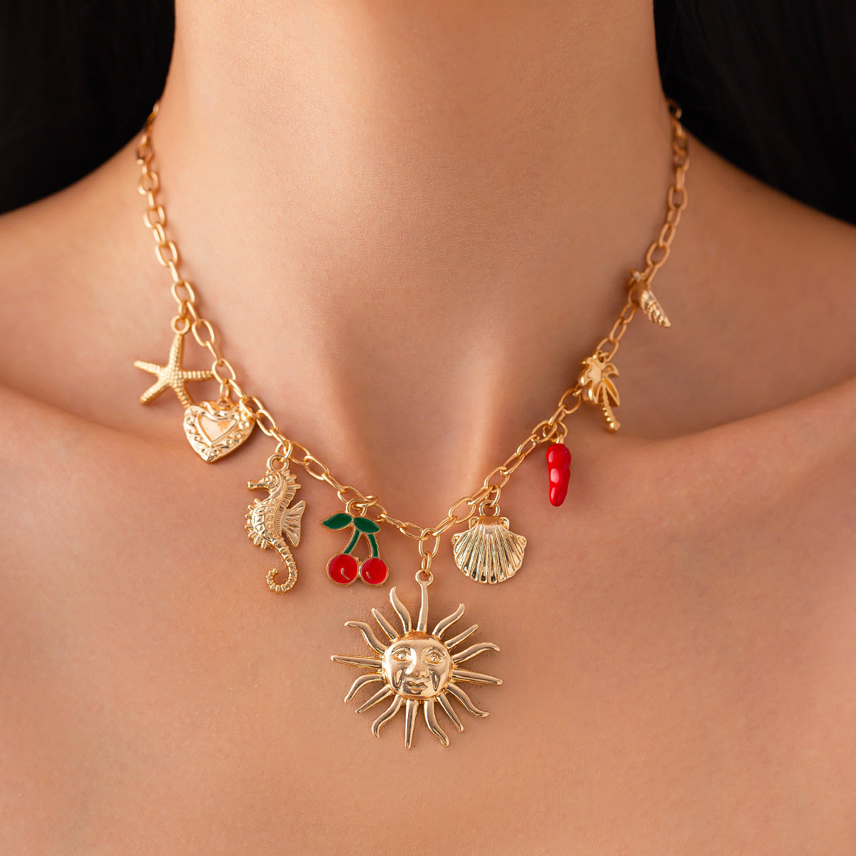 SHIXIN Classic Starfish Coconut Tree Conch Sun Pendant Necklace – Gold Color Chain Choker for Women, Summer Beach Neck