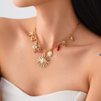 SHIXIN Classic Starfish Coconut Tree Conch Sun Pendant Necklace – Gold Color Chain Choker for Women, Summer Beach Neck