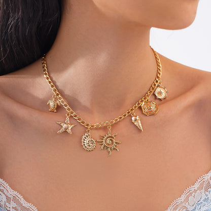 SHIXIN Classic Starfish Coconut Tree Conch Sun Pendant Necklace – Gold Color Chain Choker for Women, Summer Beach Neck
