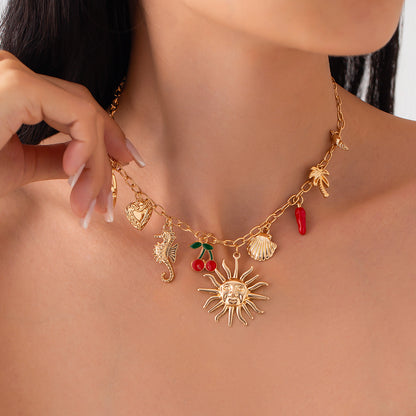 SHIXIN Classic Starfish Coconut Tree Conch Sun Pendant Necklace – Gold Color Chain Choker for Women, Summer Beach Neck