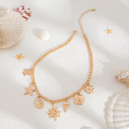 SHIXIN Classic Starfish Coconut Tree Conch Sun Pendant Necklace – Gold Color Chain Choker for Women, Summer Beach Neck
