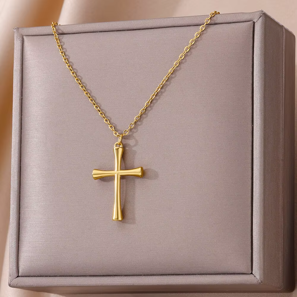 Stainless Steel Cross Necklace for Women, Men, Gold Color Religious Charm Choker, Unisex Jewelry Gift, Bijoux Femme