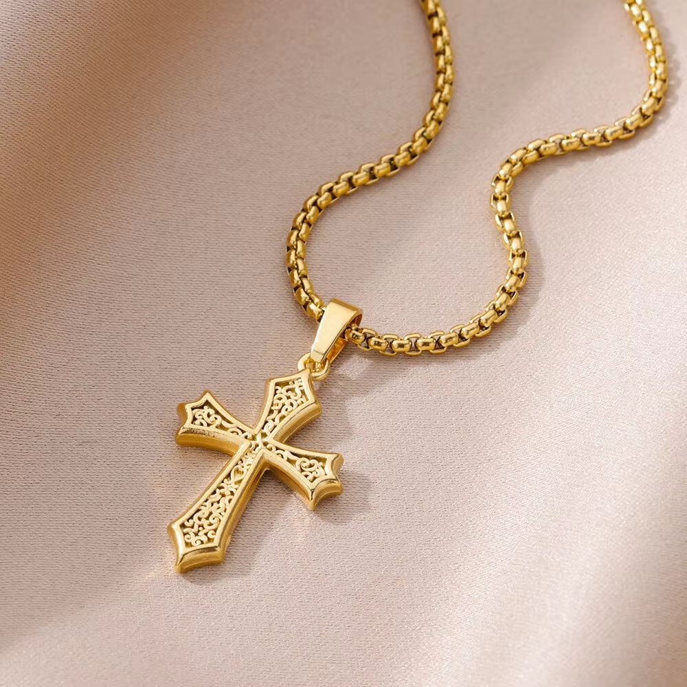 Stainless Steel Cross Necklace for Women, Men, Gold Color Religious Charm Choker, Unisex Jewelry Gift, Bijoux Femme