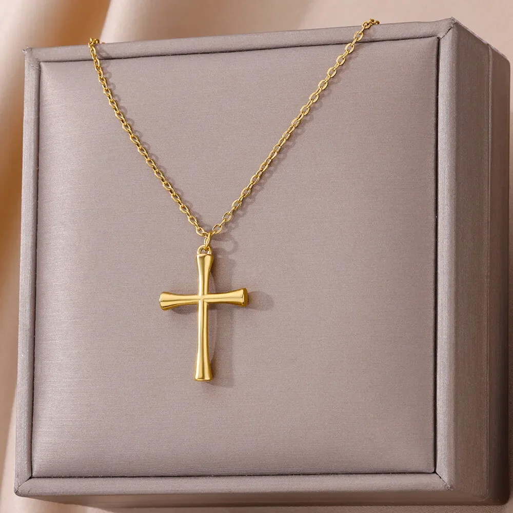 Stainless Steel Cross Necklace for Women, Men, Gold Color Religious Charm Choker, Unisex Jewelry Gift, Bijoux Femme