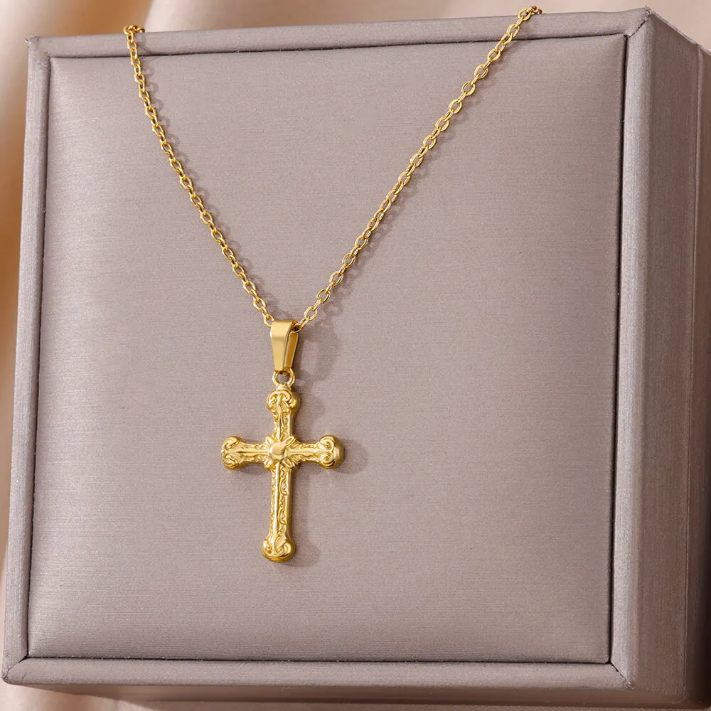 Stainless Steel Cross Necklace for Women, Men, Gold Color Religious Charm Choker, Unisex Jewelry Gift, Bijoux Femme