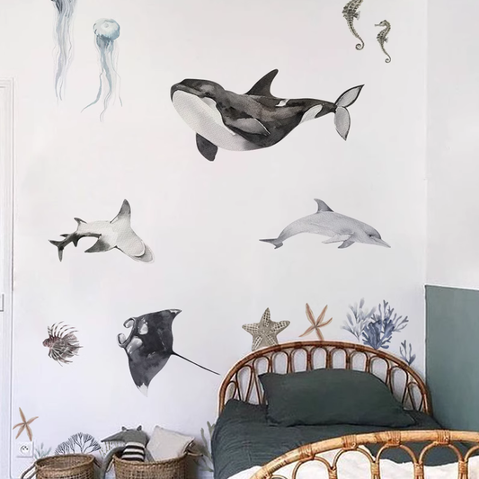 Underwater World Fish Wall Stickers, Waterproof Watercolor Coral Ocean Wall Decals for Bathroom, Nursery, Baby Room