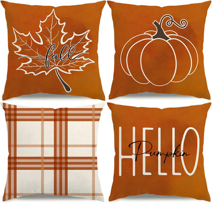 Set of 4 Fall Pillow Covers, Thanksgiving Farmhouse Decor with Maple Leaf & Pumpkin Design, Orange Throw Pillow Covers