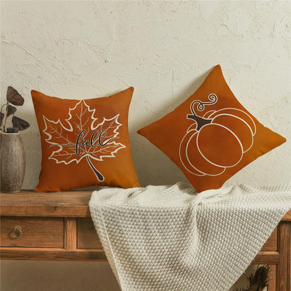 Set of 4 Fall Pillow Covers, Thanksgiving Farmhouse Decor with Maple Leaf & Pumpkin Design, Orange Throw Pillow Covers