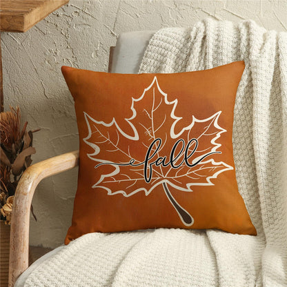 Set of 4 Fall Pillow Covers, Thanksgiving Farmhouse Decor with Maple Leaf & Pumpkin Design, Orange Throw Pillow Covers