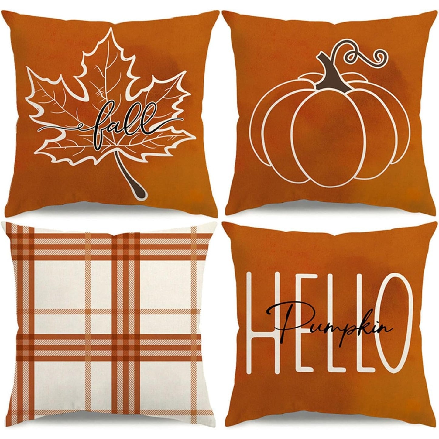 Set of 4 Fall Pillow Covers, Thanksgiving Farmhouse Decor with Maple Leaf & Pumpkin Design, Orange Throw Pillow Covers