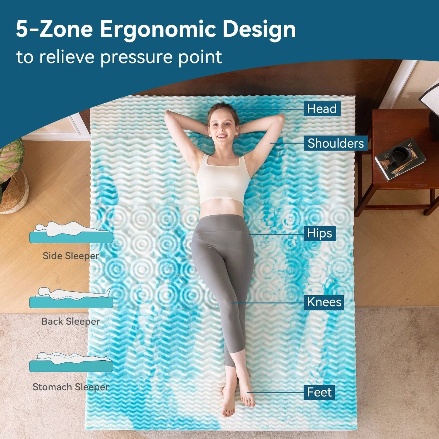 Cooling Gel Memory Foam Mattress Topper with Five Zone Pressure Relief Design